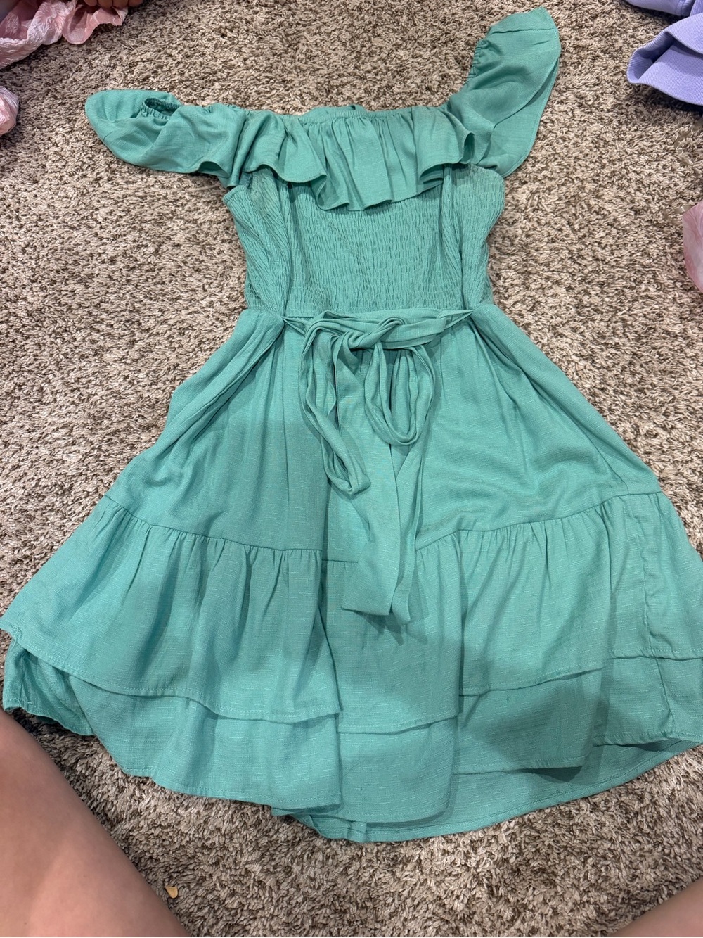 Ruffled Off-Shoulder Tiered Mini Dress in Mint